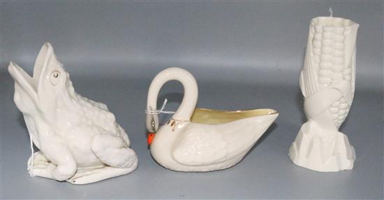 Belleek creamware frog spoonwarmer (black printed mark), a similar corn on the cob vase (a.f) and a later swan vase
